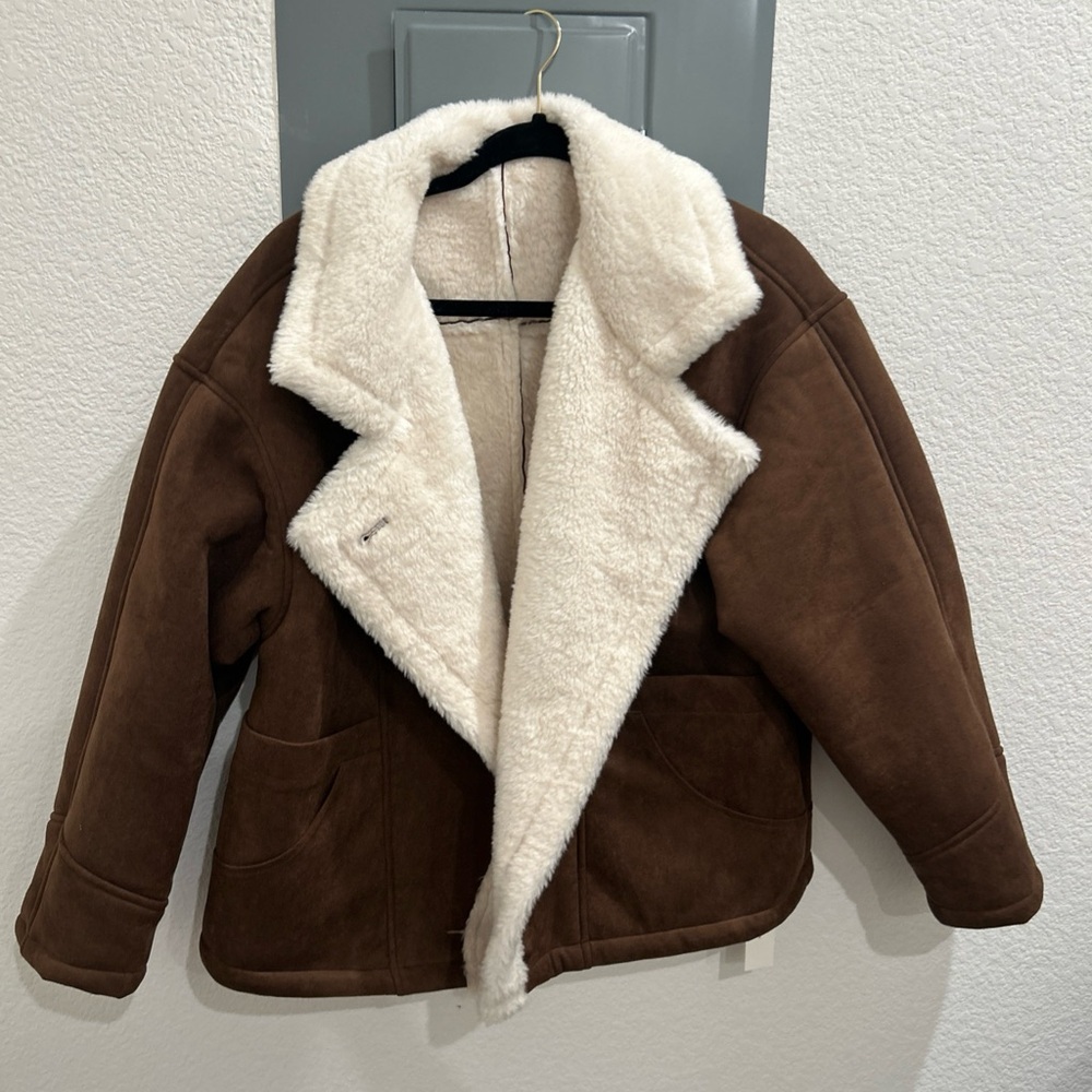 Commense Fleece Lined Lapel Coat Jacket Suede Sherpa Brown White Collar Size M - Picture 4 of 7